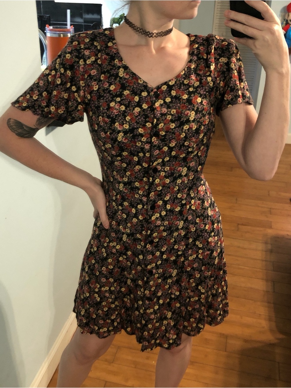 Vintage Short Sleeve Midi Dress in Black with Red & Yellow Floral Print